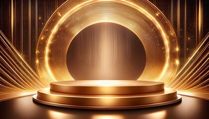 luxurious golden podium stage with illuminated circular backdrop glowing spotlights and sparkling reflections symbolizing award ceremony success and celebration