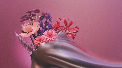 surreal collage style floral bouquet with pink purple flowers and flowing silk fabric on mauve background with a copy space