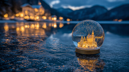 In the serene twilight, a snow globe sits on a frozen lake, showcasing a tiny winter scene filled with sparkling lights