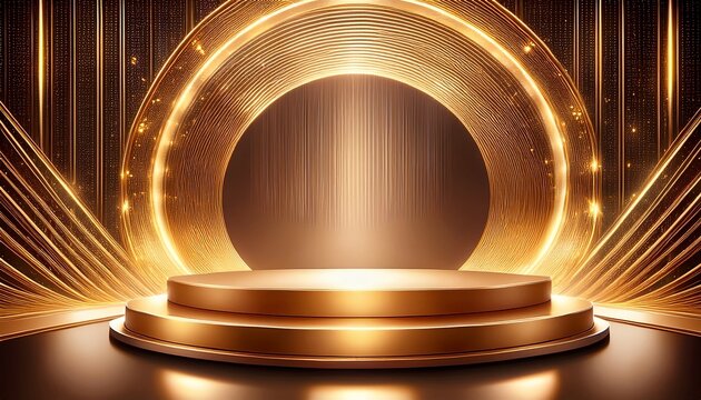 luxurious golden podium stage with illuminated circular backdrop glowing spotlights and sparkling reflections symbolizing award ceremony success and celebration