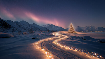 Golden fairy lights snake through a serene, snowy landscape under a starlit sky, illuminating a peaceful winter night. The scene evokes a cozy, festive Christmas spirit, inviting warmth and joy