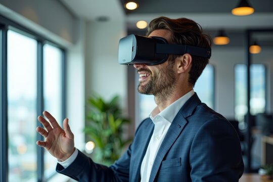 Entrepreneur utilizing virtual reality headset in contemporary workspace - Powered by Adobe
