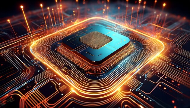 a hyper realistic ai microchip suspended in a dark space illuminated by pulsating electric currents the circuit board surrounding the chip features intricate patterns resembling a neural network