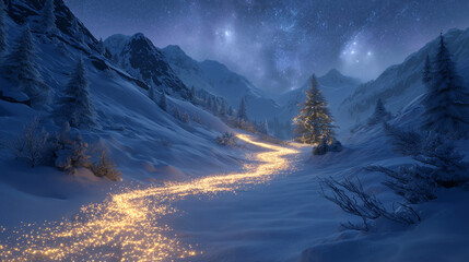 A warm trail of golden fairy lights weaves through a vast snowy landscape under a starlit sky