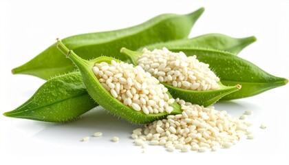 Green sesame pods with one open to reveal white seeds, scattered on surface
