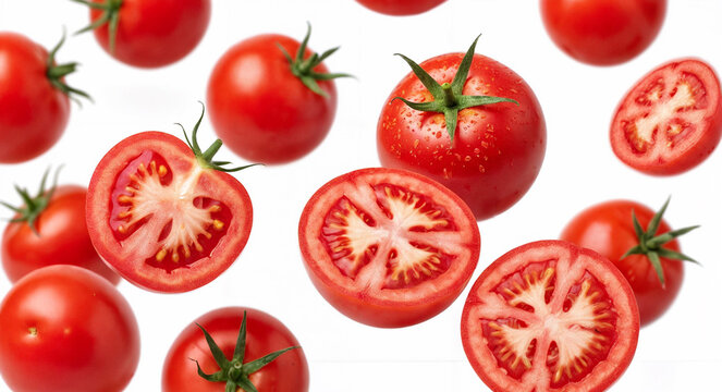 A group of whole and sliced red tomatoes floating on white, great for fresh produce branding, healthy eating campaigns, and vibrant food photography.