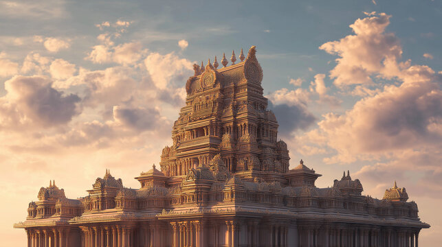 South Indian temple architecture under evening sky, natural light, crisp detail, warm tone