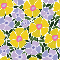 bright yellow and calm purple textured flowers with dull and vibrant green leaves seamless pattern. Dull, gloomy, textured flowers with green leaves seamless pattern. Good for textile, fabric.