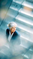 Senior businesswoman at modern office. Top view portrait of older woman in office stairwell. Vertical blurred bright background. Concept image of business.