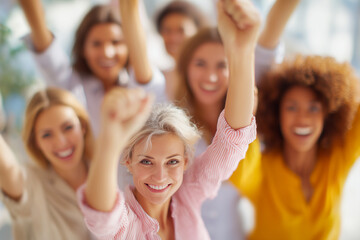 Happy diverse group of women celebrating success and empowerment together. 