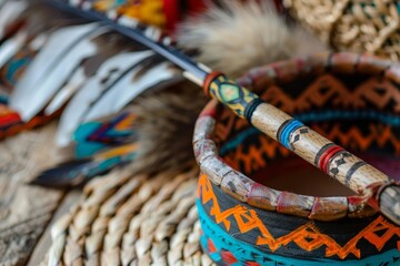 Colorful native american flute is lying on a decorated bowl with feathers and other traditional objects in soft focus