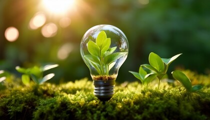 eco friendly light bulb with green plants on grass patch