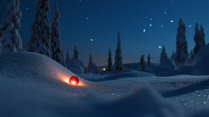 In a peaceful winter scene, a bright red Christmas ornament rests gently on fresh, sparkling snow. Tall evergreen trees surround it, adding to the enchanting holiday atmosphere under a starry night