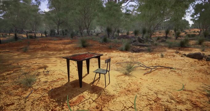 In a dry, sunlit environment, a weathered table and lone chair sit abandoned amid cracked earth and sparse vegetation, evoking feelings of isolation and desolation in a remote setting.