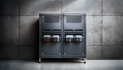 sleek battery storage cabinet on concrete wall