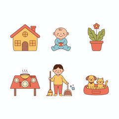 Cute Handdrawn Household Activities Illustration with House, Baby, and Pets