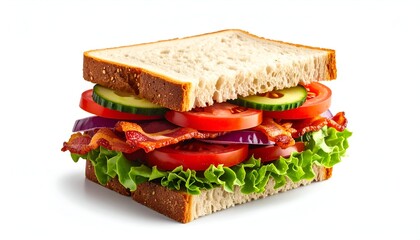 A fresh, loaded sandwich on white bread with various vegetables and crispy bacon, isolated