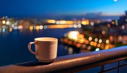a cup sits on railing against a blurred city at night
