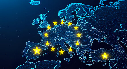Europe political map with yellow star symbols, representing countries in the European Union