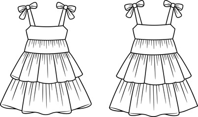 Sleeveless bow strap tiered dress flat sketch, girls fashion illustration, layered skirt apparel design, sewing pattern, garment construction vector template