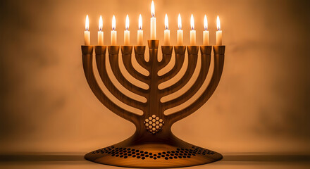Fototapeta premium Warmly lit menorah with nine glowing candles, symbolizing Hanukkah celebration and Jewish tradition.