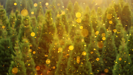 Golden Confetti Falling Over a Blurry Forest of Evergreen Trees in Sunlight nature bokeh