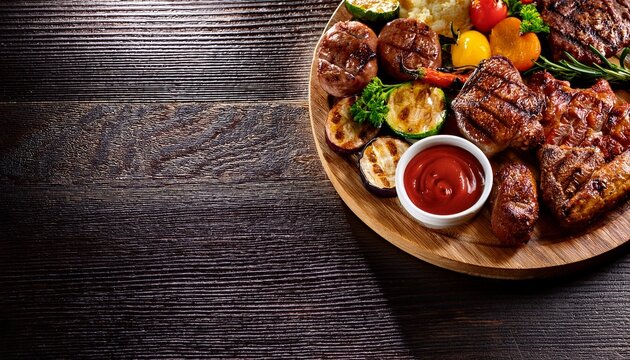 assorted mixed grilled bbq meat with vegetables on wooden platter