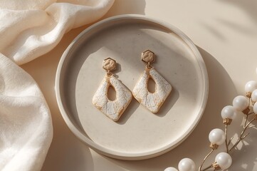 Elegant diamond-shaped earrings with intricate textured detailing, placed on a light-colored ceramic dish, creating a sophisticated and chic aesthetic