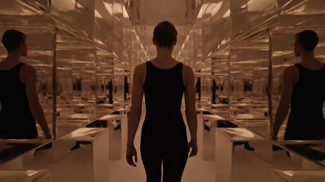 Person walking through mirrored corridor with shifting lights &mdash; concept of transformation and self-discovery