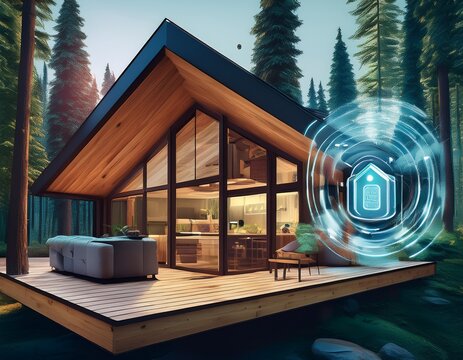 smart home devices protecting cozy cabin in forest modern technology and rustic design