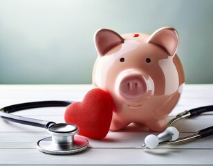 piggy bank with stethoscope and red heart on white wooden table