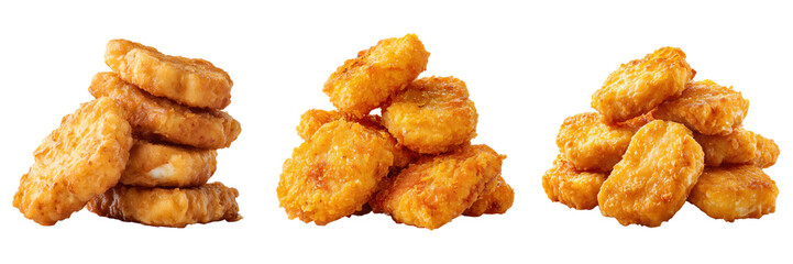 Set of A neatly stacked pile of golden fried chicken nuggets on transparent png background. Ai generated