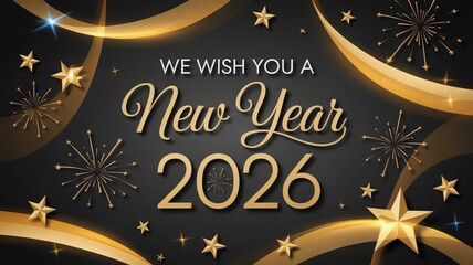 Elegant New Year 2026 greeting with golden ribbons and stars on a dark background.