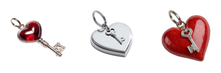 Set of A single elegant vintage key with a red heart-shaped handle on transparent png background. Ai generated