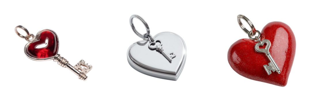 Set of A single elegant vintage key with a red heart-shaped handle on transparent png background. Ai generated - Powered by Adobe
