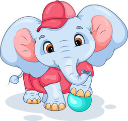 Cute cartoon elephant in red cap with ball, funny baby animal character illustration