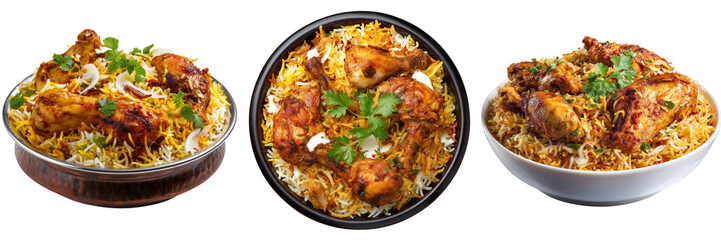 Set of Freshly cooked chicken biryani with saffron rice and fried onions on transparent png background. Ai generated