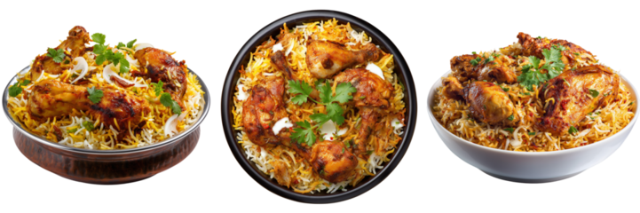 Set of Freshly cooked chicken biryani with saffron rice and fried onions on transparent png background. Ai generated