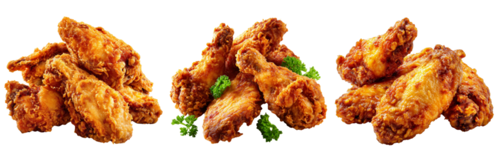Set of Heap of golden crispy fried chicken wings perfectly cooked on transparent png background. Ai generated