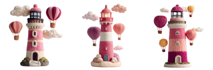 Set of Hot air balloons floating gracefully over a vast lavender field at golden sunset on transparent png background. Ai generated