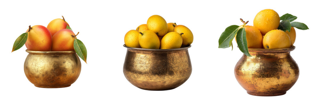 Set of Juicy yellow mangos neatly placed in a pitol basket on transparent png background. Ai generated