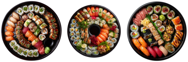 Set of Top view of a sushi platter featuring fresh salmon tuna and shrimp nigiri with various maki rolls on transparent png background. Ai generated
