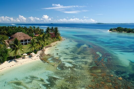 Aerial view of a tropical resort showcasing palm trees, crystal clear water, and a tranquil island setting in bocas del toro, panama