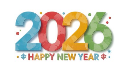  Playful 2026 greeting with distressed multicolor digits, rainbow text, and festive dots and snowflakes on white backdrop