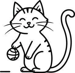 Cat with ball toy minimal line drawing, playful pose, thin black outline, white background, cute simple pet illustration 2