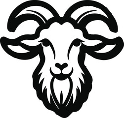 Goat with curved horns and beard outline, clean contour, white background, elegant minimal farm icon, no texture