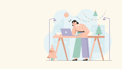 Tired woman sleeping at her desk during Christmas holidays Work burnout and fatigue concept