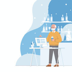 Happy senior working on computer at standing desk in cozy winter or holiday setting