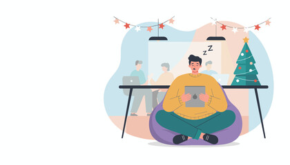 Exhausted man sleeping on a beanbag chair in a holidaydecorated office dealing with yearend fatigue or burnout