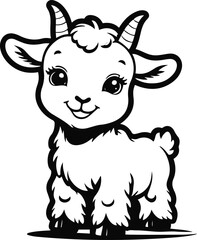 Playful baby goat (kid) outline, soft rounded lines, white background, cute minimal farm animal vector
